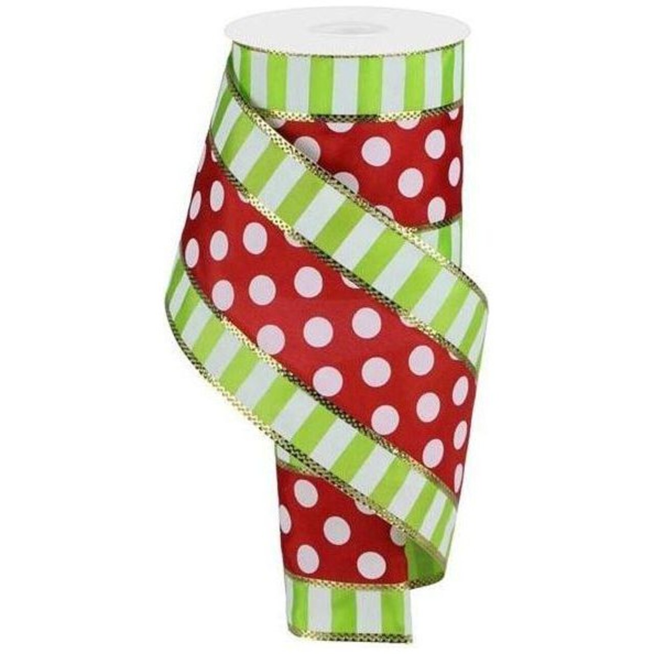 4" Striped Edge Polka Dot Ribbon: Red, Lime & White (10 Yards)